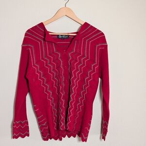 Zigzag Merino Wool Blend Knit Cardigan Sweater, Red, Size 42 (XL)